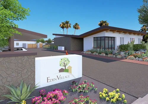 Rendering of the Eden Village housing community supporting disabled veterans and individuals in need